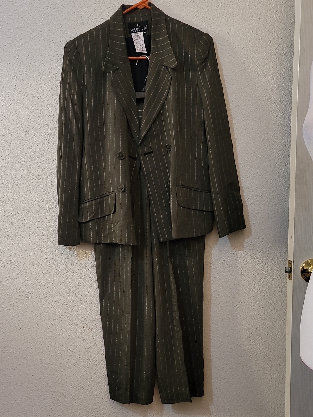 Carole Little Olive Pinstripe Double-Breasted Suit